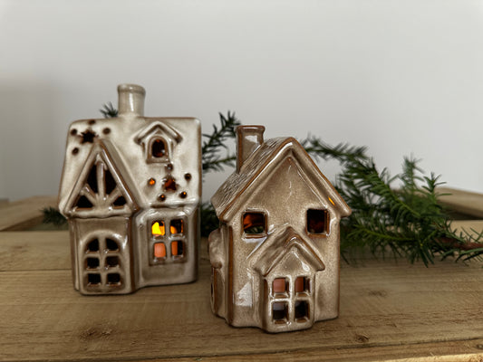 Brown Ceramic Christmas House Tealight Holders – Set of 2