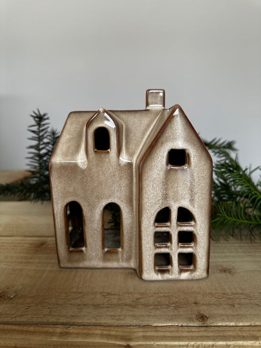 Brown Ceramic Christmas House Tealight Holders – Set of 2