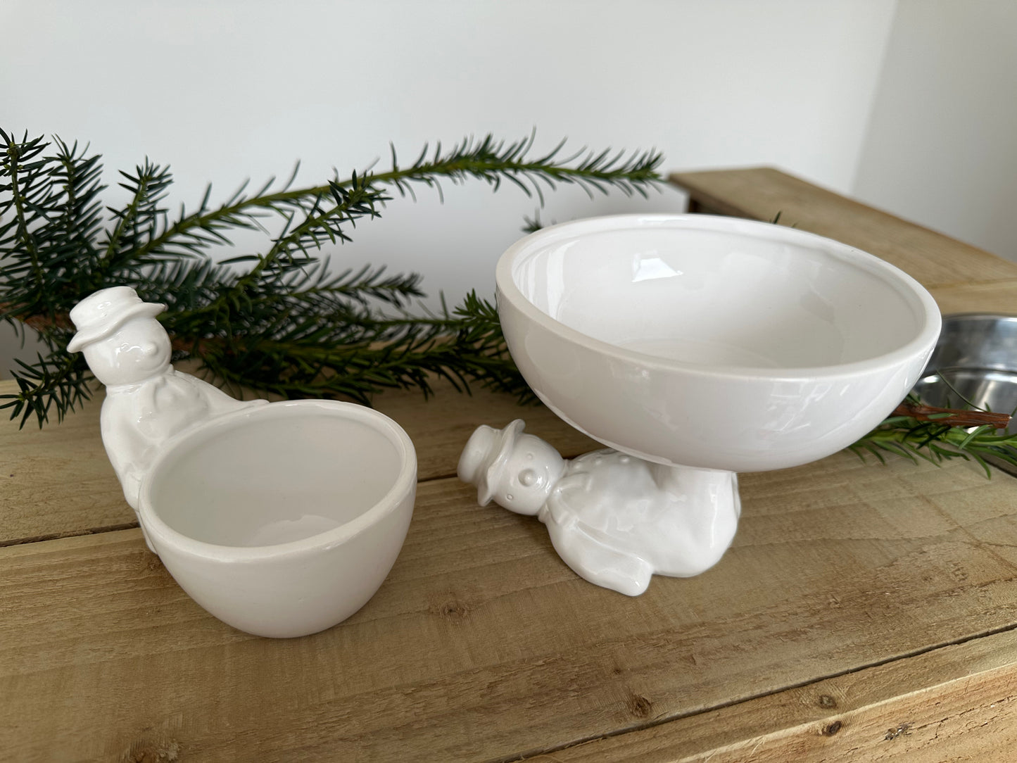 White Ceramic Snowman Snack Bowl / Trinket Dish Set