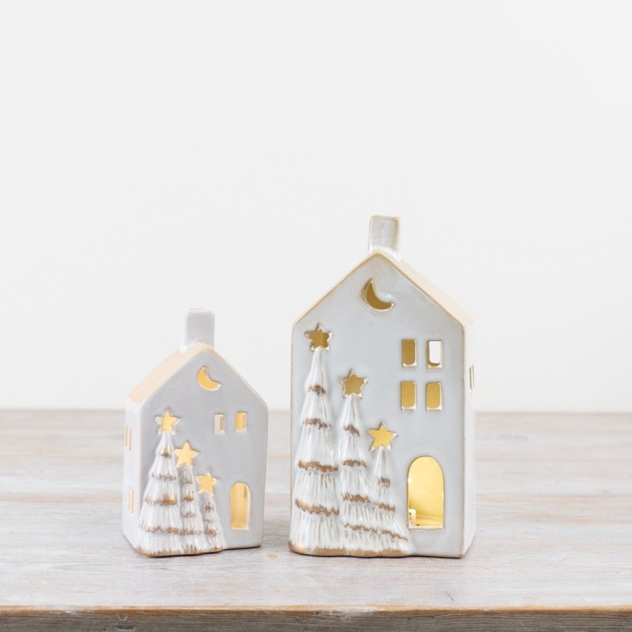Gold Trim LED Christmas Houses - Set of 2