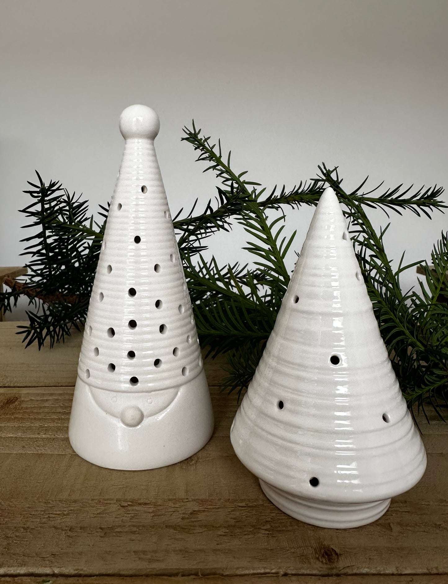 Light Up Ceramic Christmas Tree x2 (Santa Face & Ribbed Tree)
