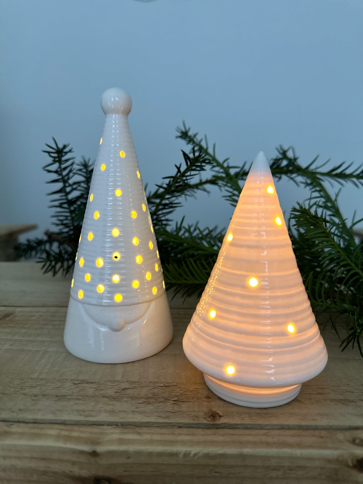 Light Up Ceramic Christmas Tree x2 (Santa Face & Ribbed Tree)