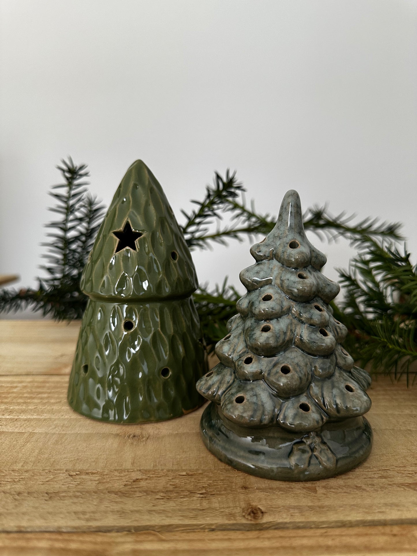 Ceramic Green Light up Christmas Trees x2