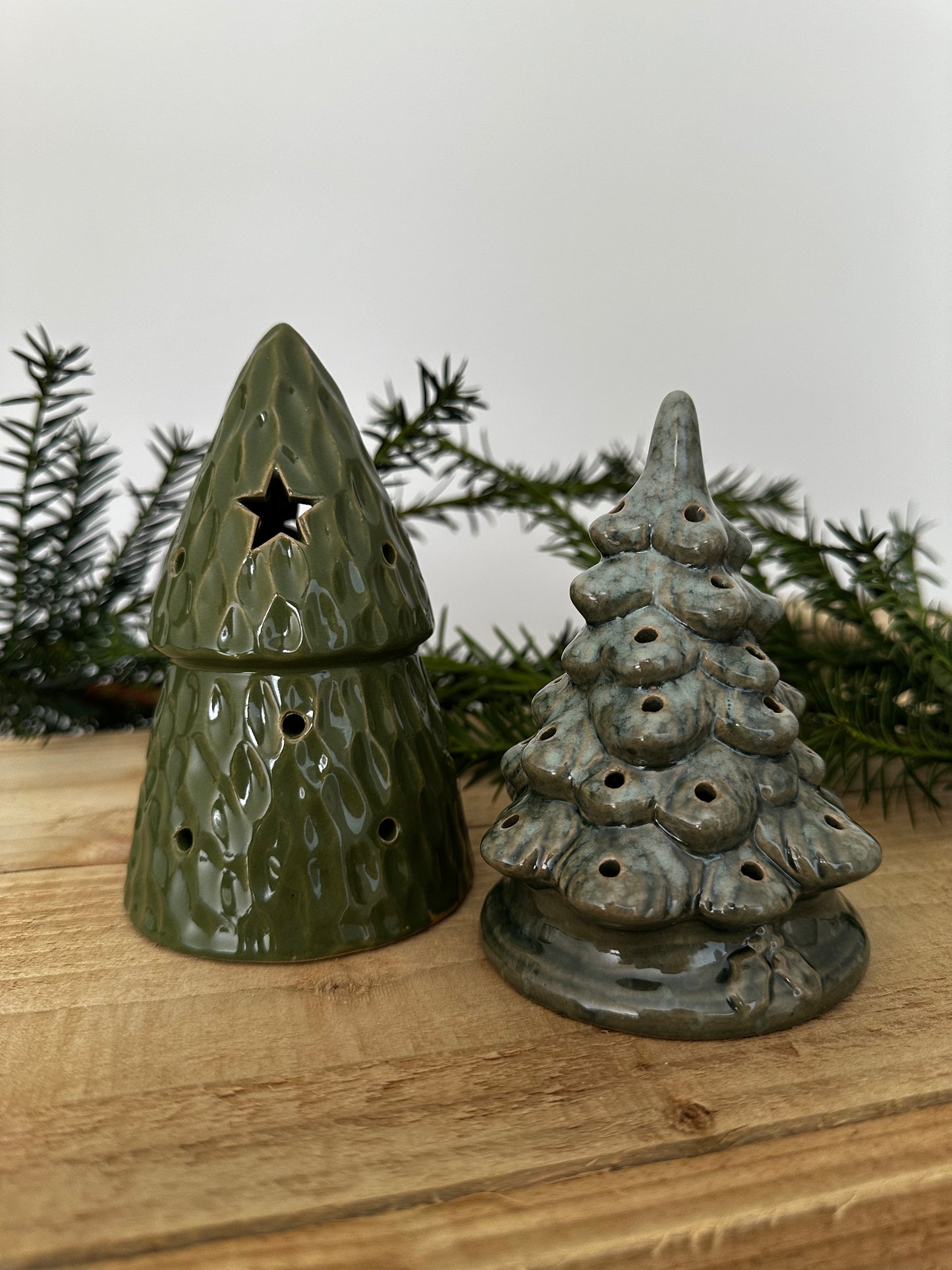 Ceramic Green Light up Christmas Trees x2