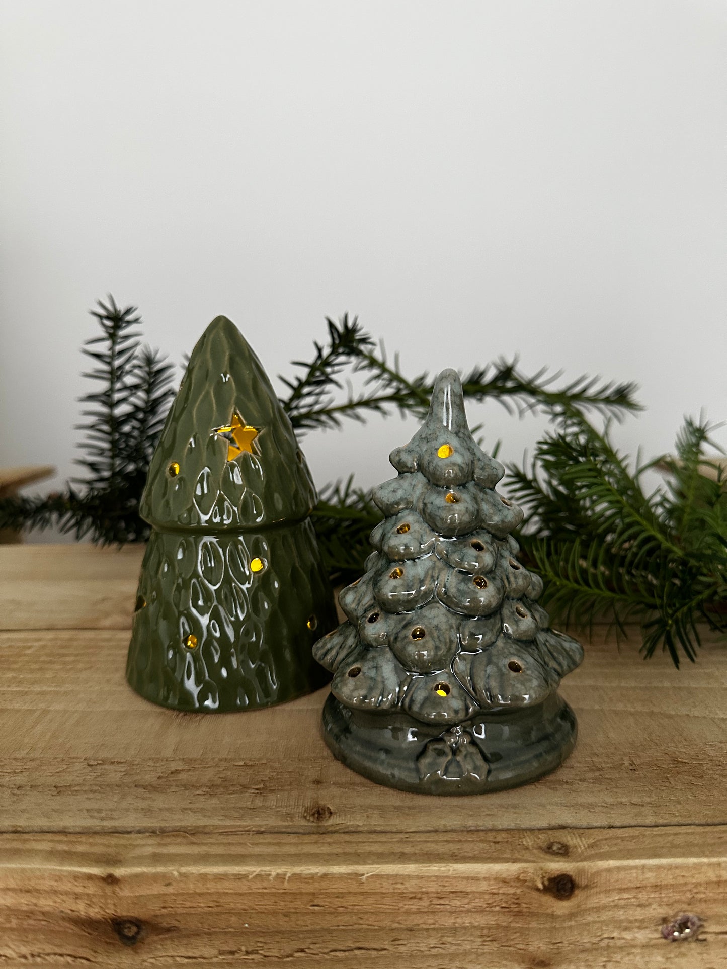 Ceramic Green Light up Christmas Trees x2