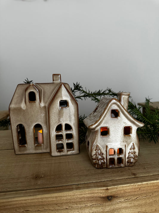 Brown Ceramic Christmas House Tealight Holders – Set of 2
