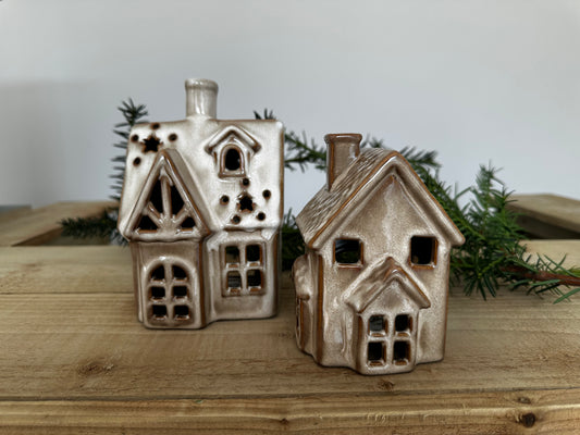 Brown Ceramic Christmas House Tealight Holders – Set of 2