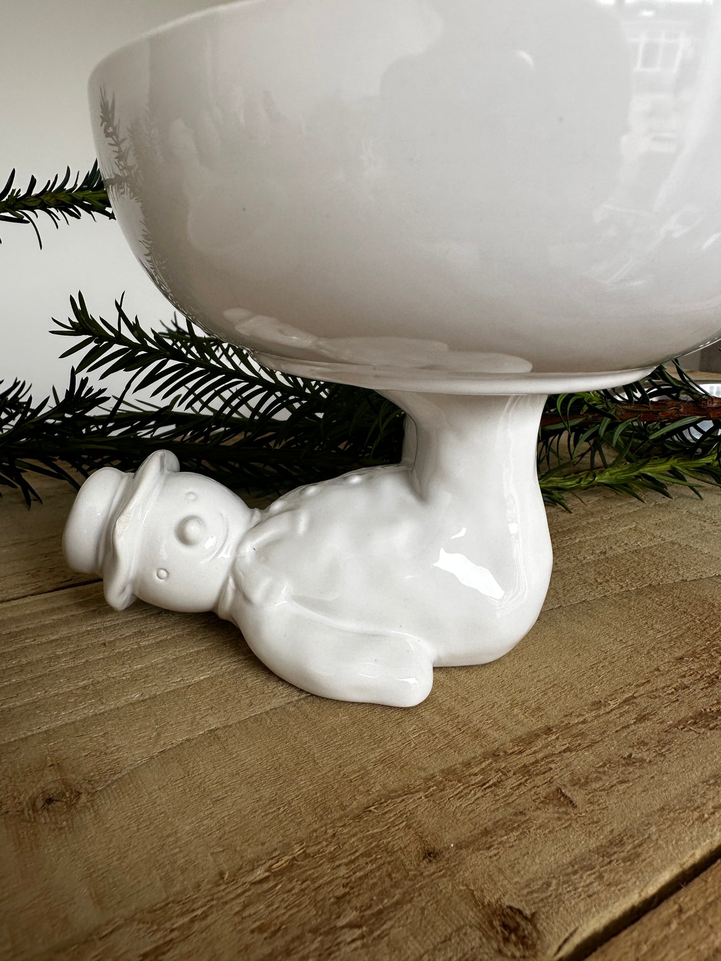 White Ceramic Snowman Snack Bowl / Trinket Dish Set