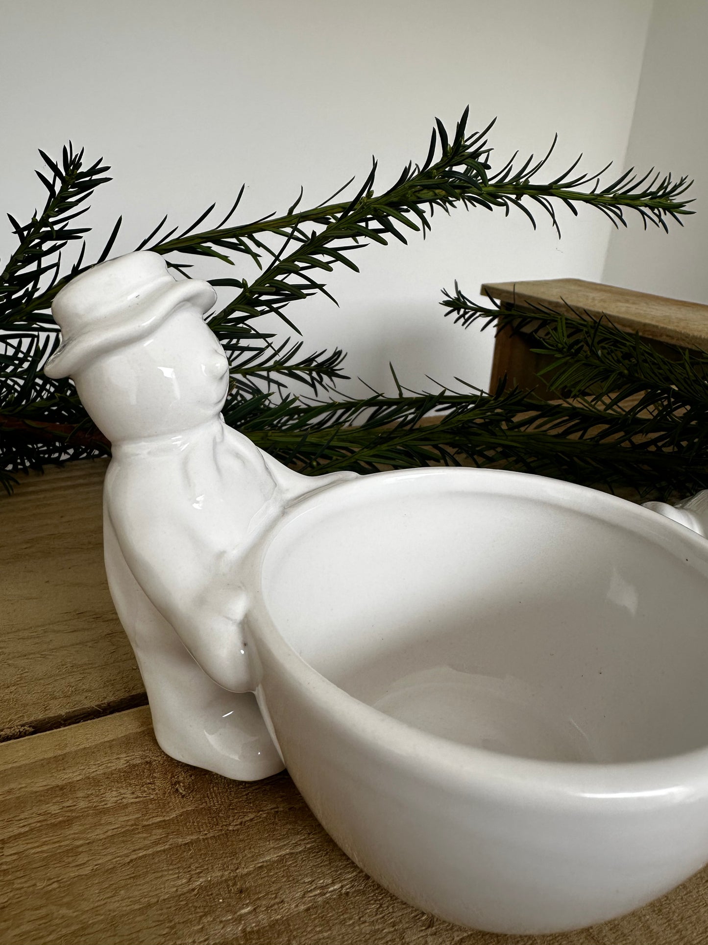 White Ceramic Snowman Snack Bowl / Trinket Dish Set