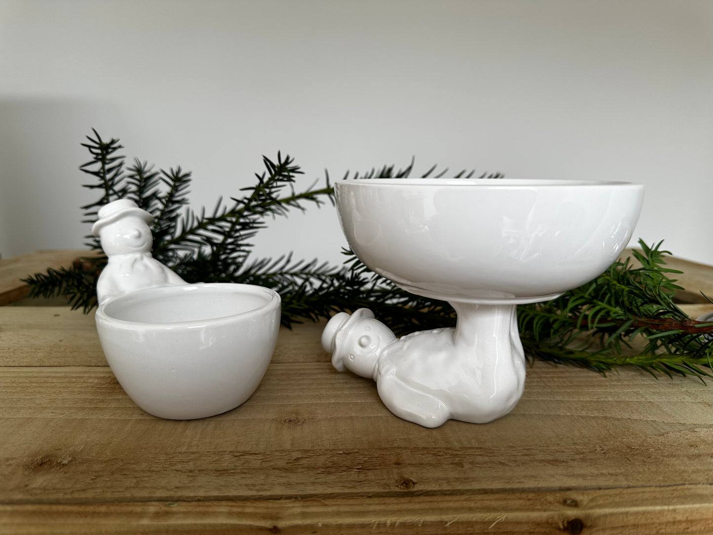 White Ceramic Snowman Snack Bowl / Trinket Dish Set