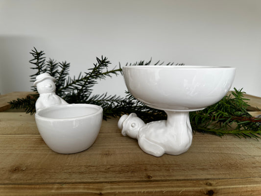 White Ceramic Snowman Snack Bowl / Trinket Dish Set