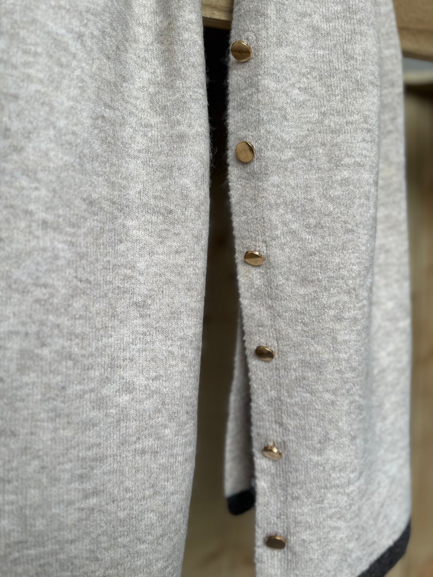 Neutral Beige Scarf with Brown Trim and Gold Button Detail