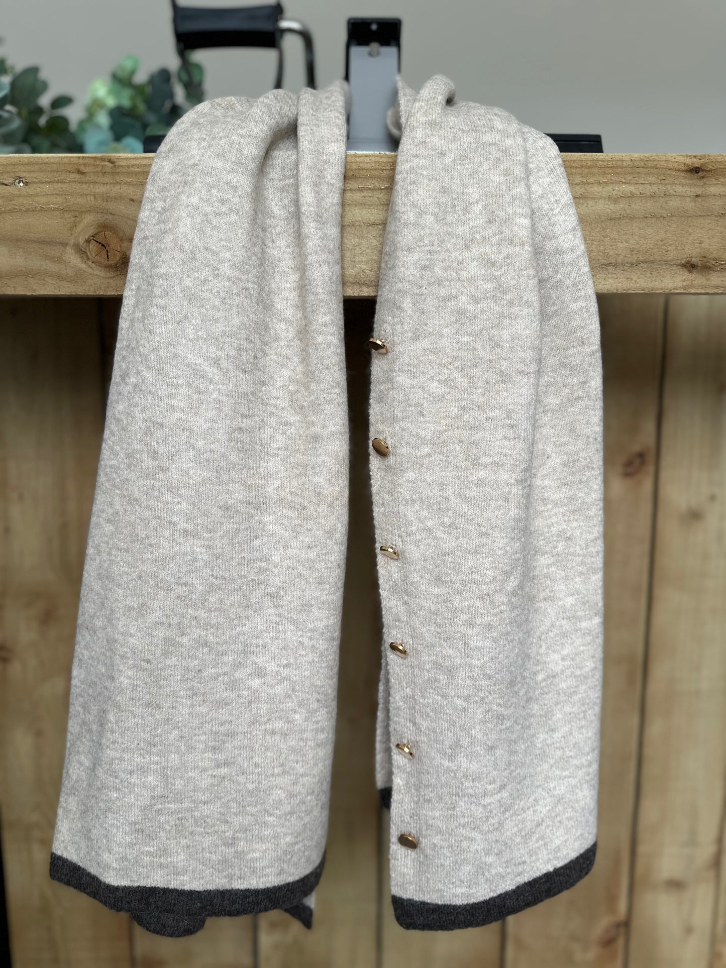 Neutral Beige Scarf with Brown Trim and Gold Button Detail