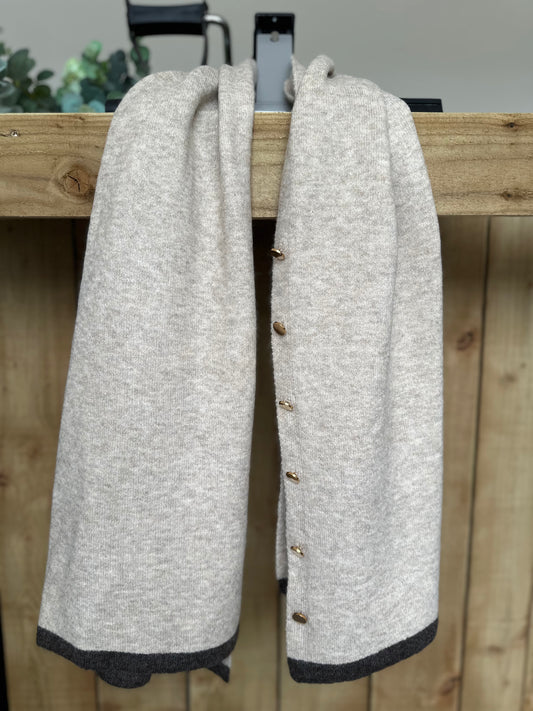 Neutral Beige Scarf with Brown Trim and Gold Button Detail