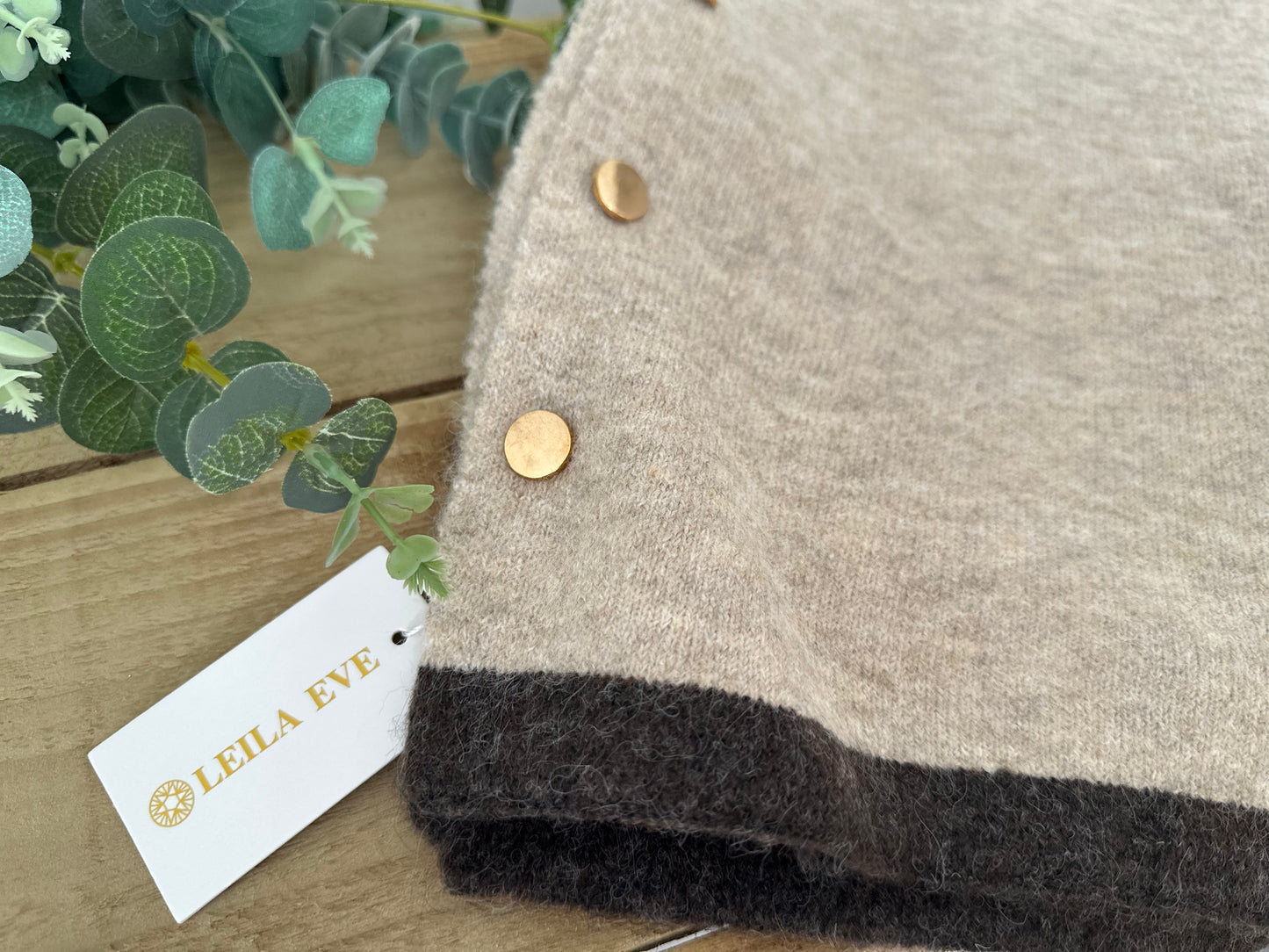 Neutral Beige Scarf with Brown Trim and Gold Button Detail