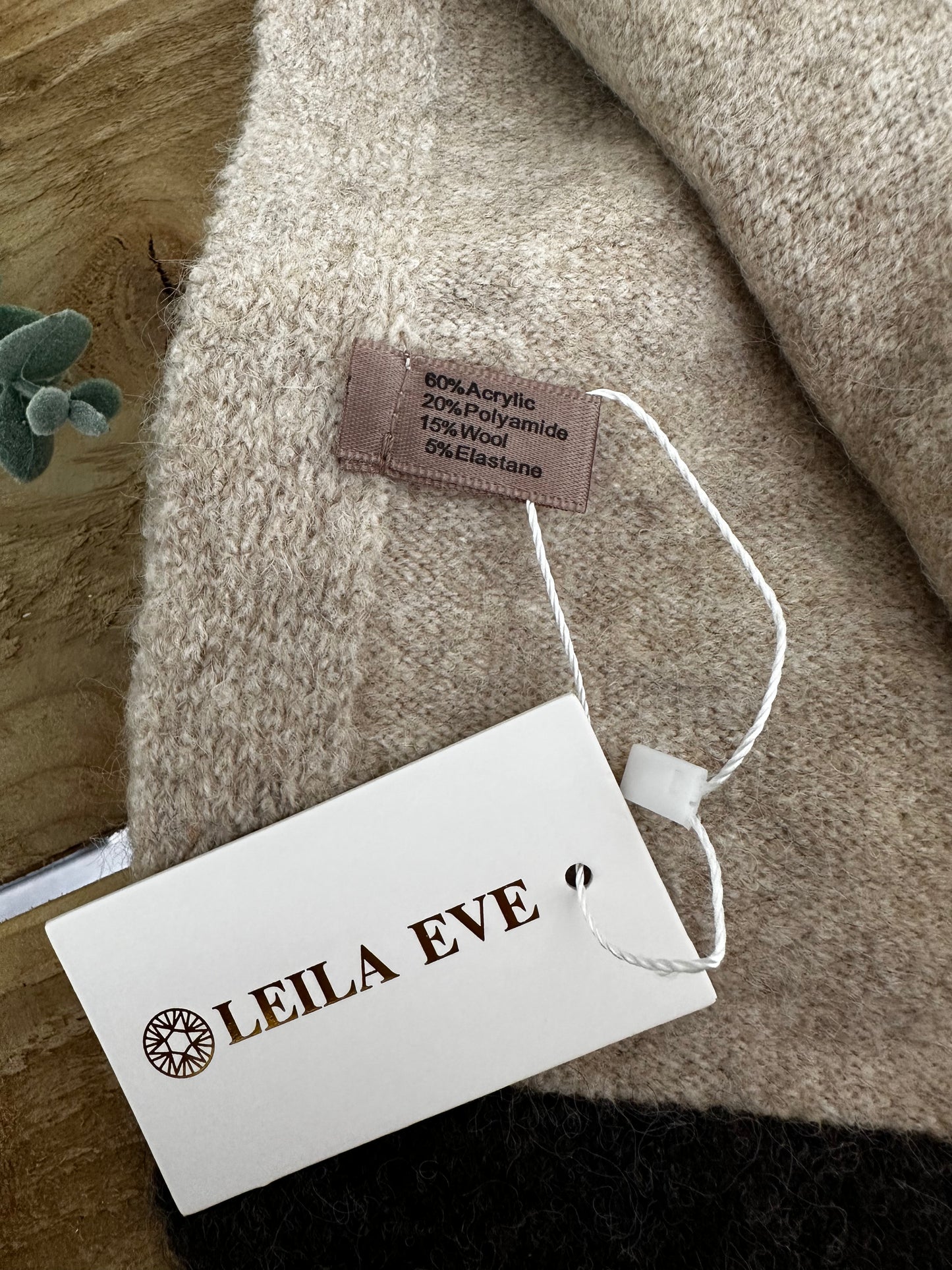 Neutral Beige Scarf with Brown Trim and Gold Button Detail