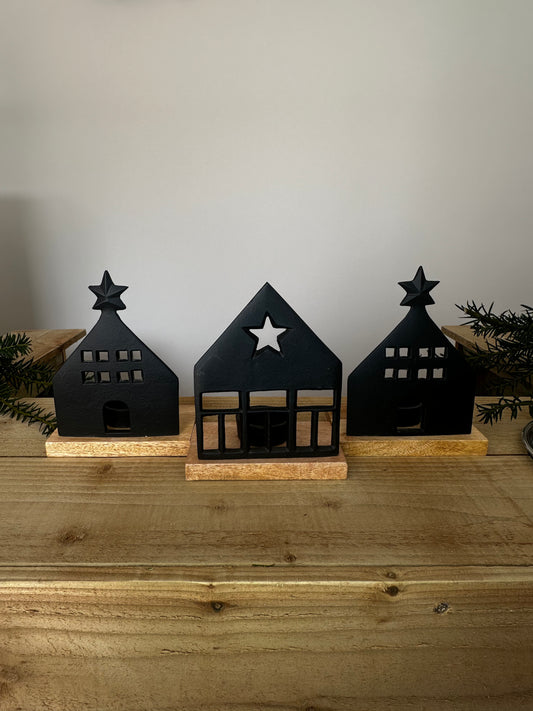Set of 3 Black Aluminium Houses - Tealight Holders