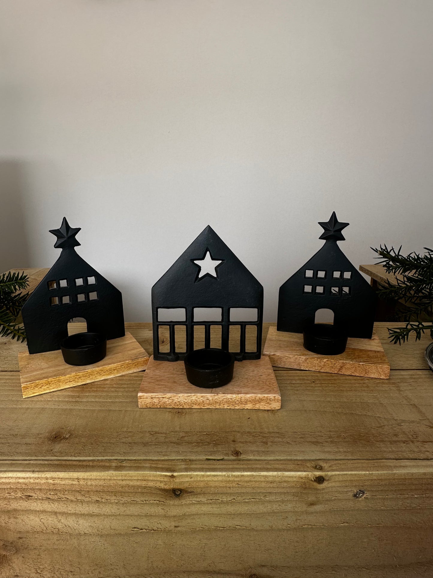 Set of 3 Black Aluminium Houses - Tealight Holders