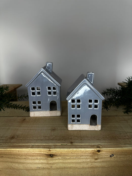 Grey Ceramic LED Light-up Christmas House – Set of 2