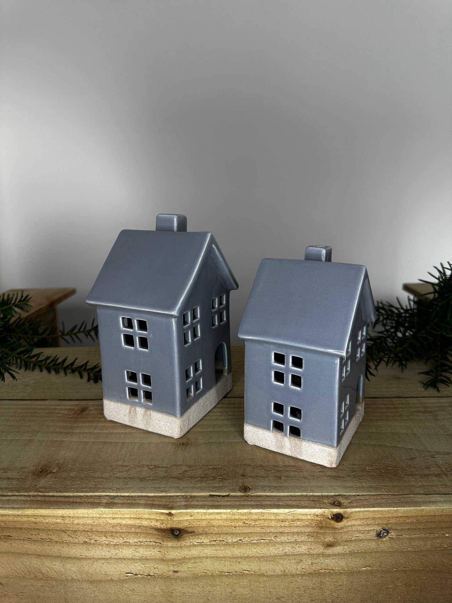 Grey Ceramic LED Light-up Christmas House – Set of 2