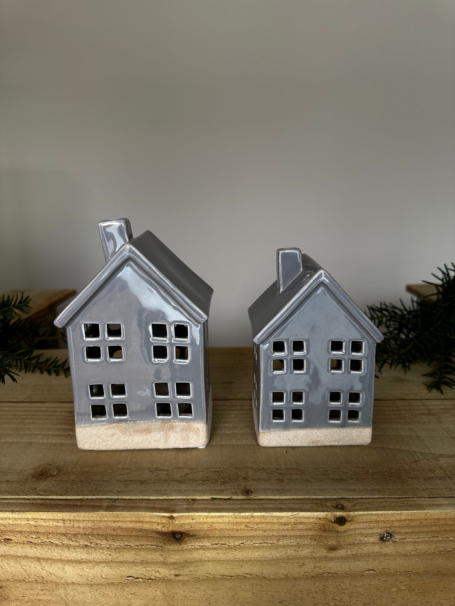 Grey Ceramic LED Light-up Christmas House – Set of 2