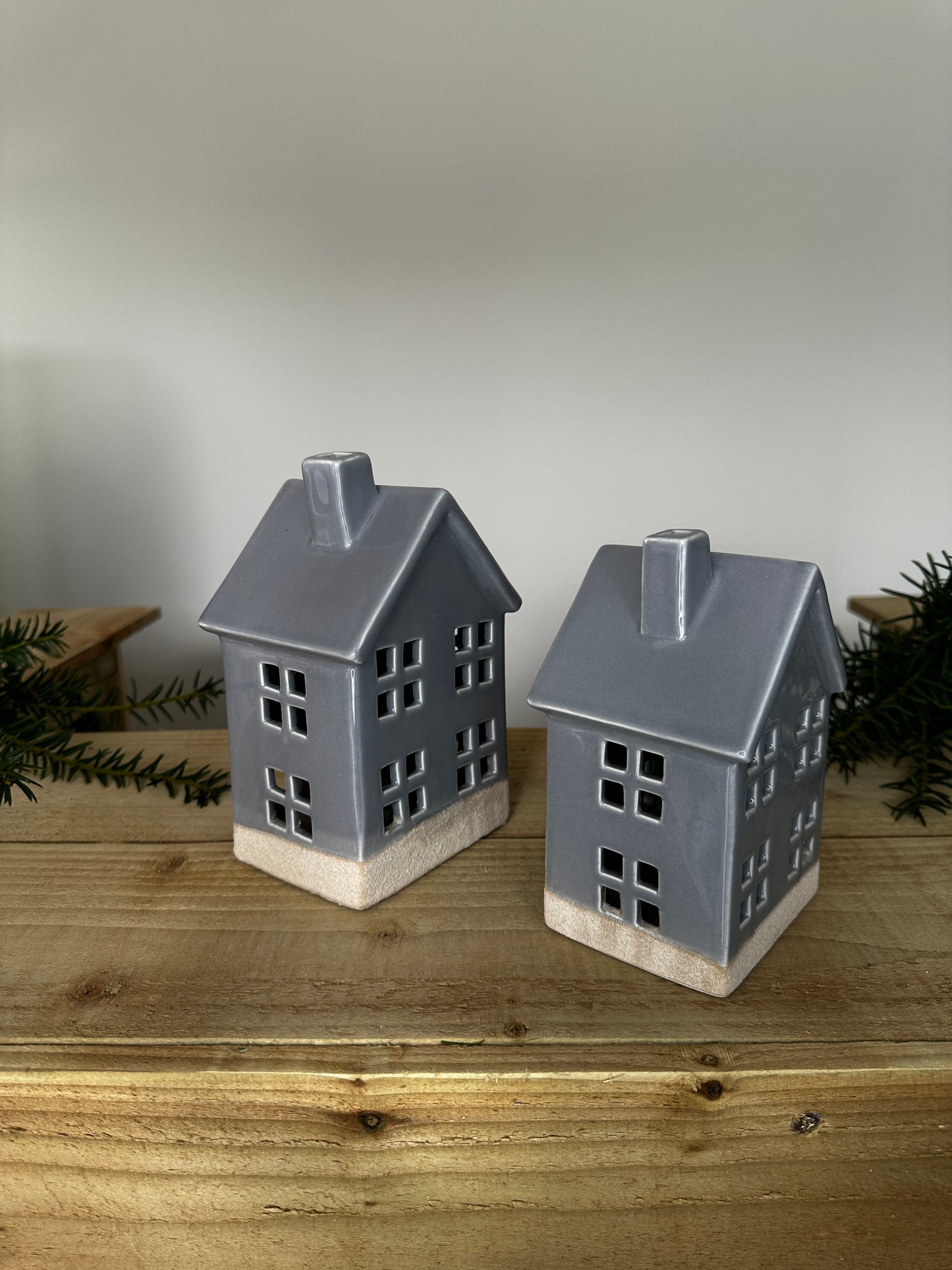 Grey Ceramic LED Light-up Christmas House – Set of 2