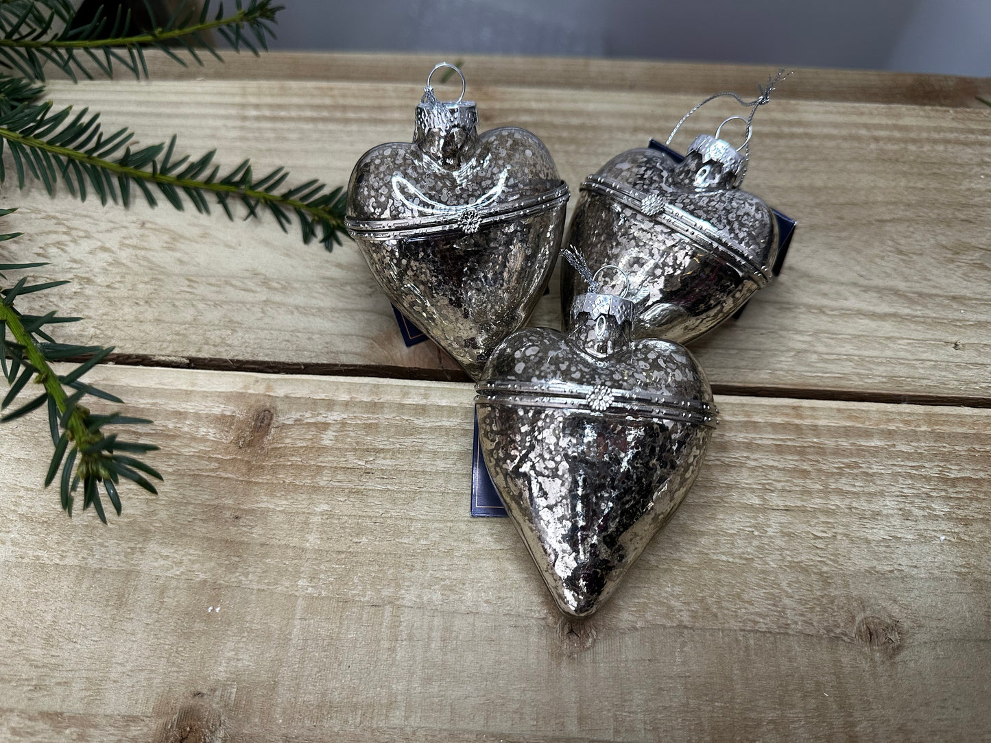 Deco Silver Glass Vintage Heart Christmas Bauble (Set of 3)