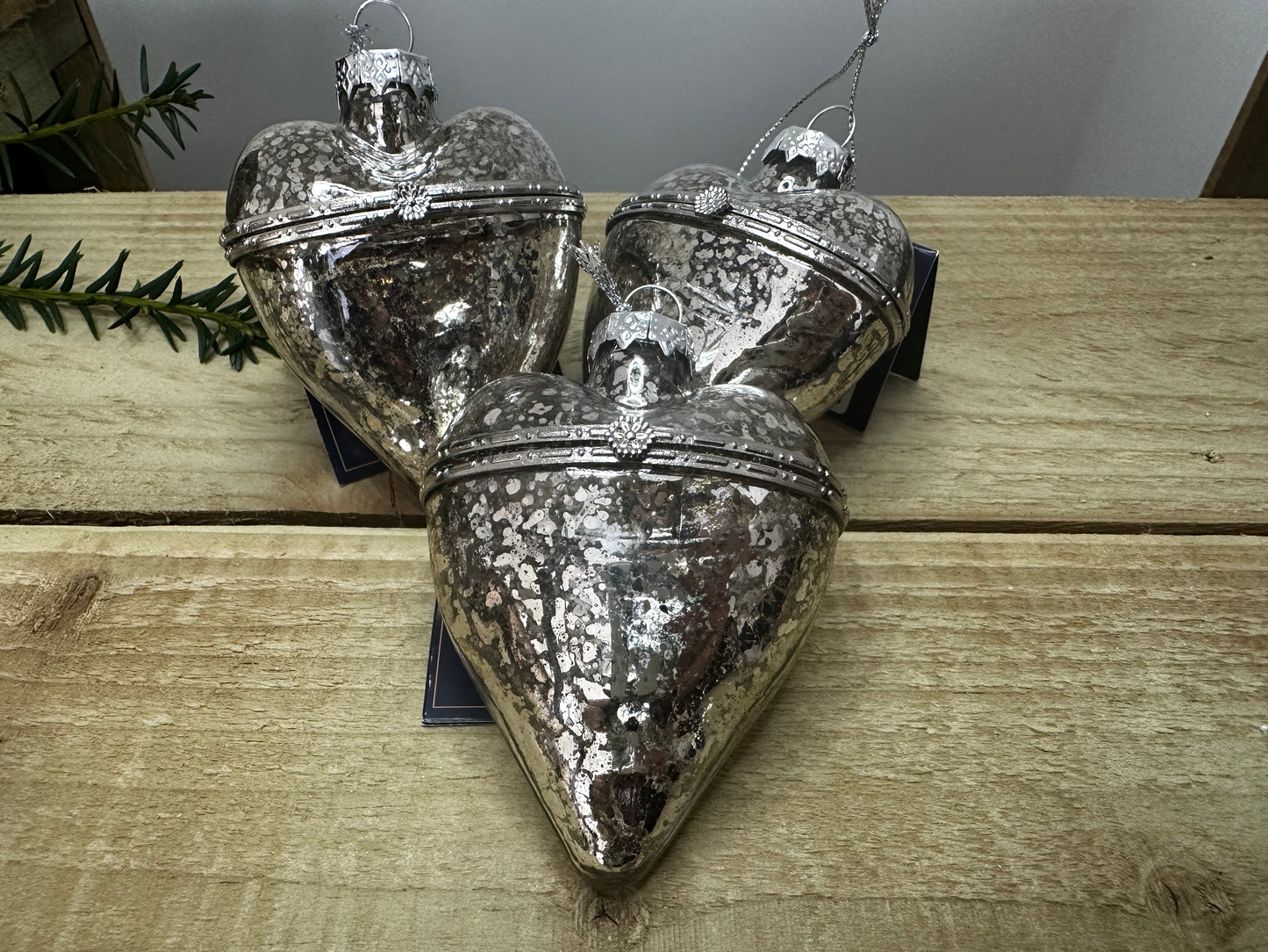Deco Silver Glass Vintage Heart Christmas Bauble (Set of 3)