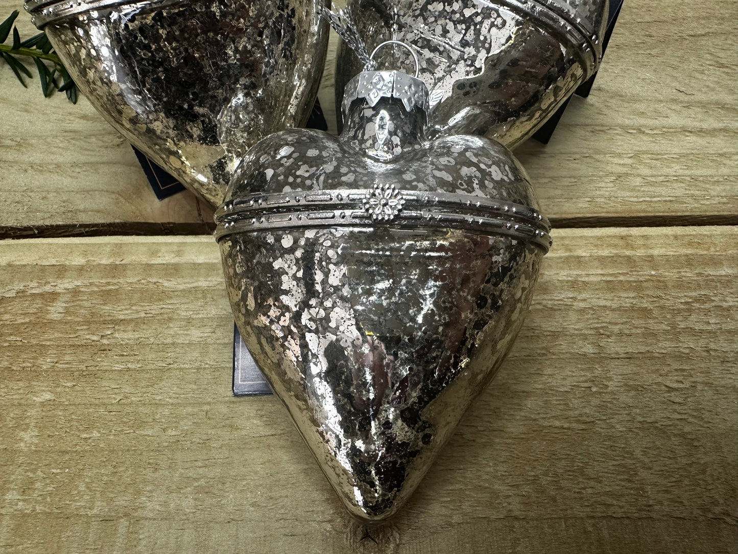 Deco Silver Glass Vintage Heart Christmas Bauble (Set of 3)