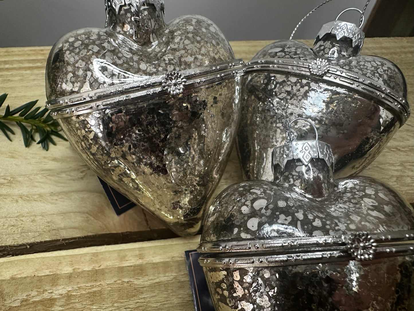 Deco Silver Glass Vintage Heart Christmas Bauble (Set of 3)