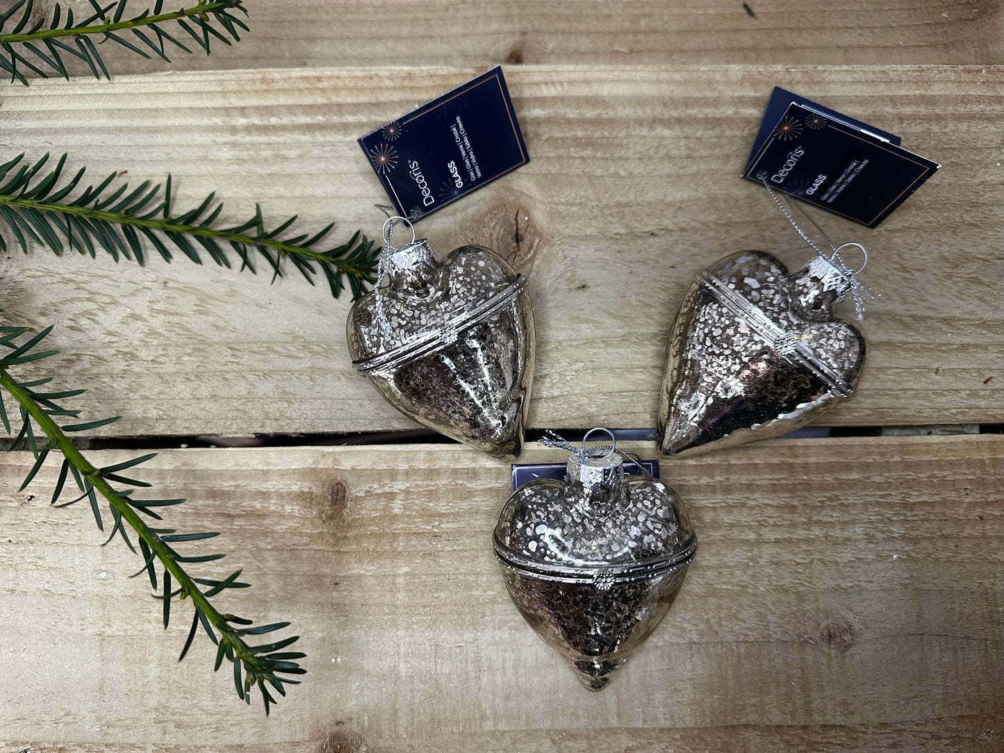 Deco Silver Glass Vintage Heart Christmas Bauble (Set of 3)