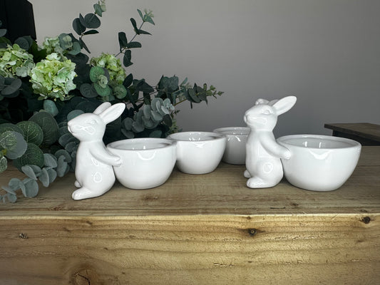 Set of White Ceramic Bunnies Carrying Snack Bowls