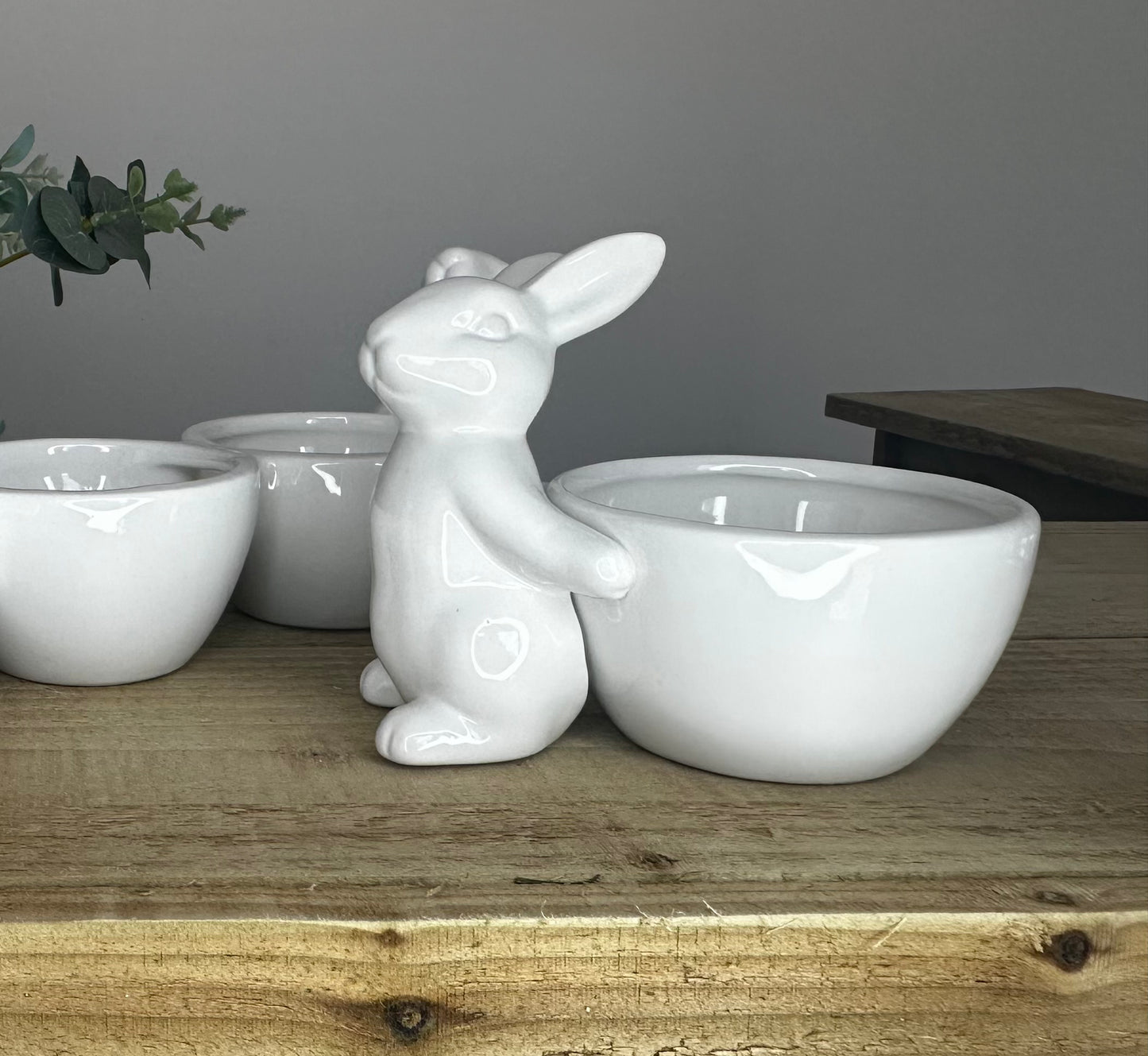 Set of White Ceramic Bunnies Carrying Snack Bowls