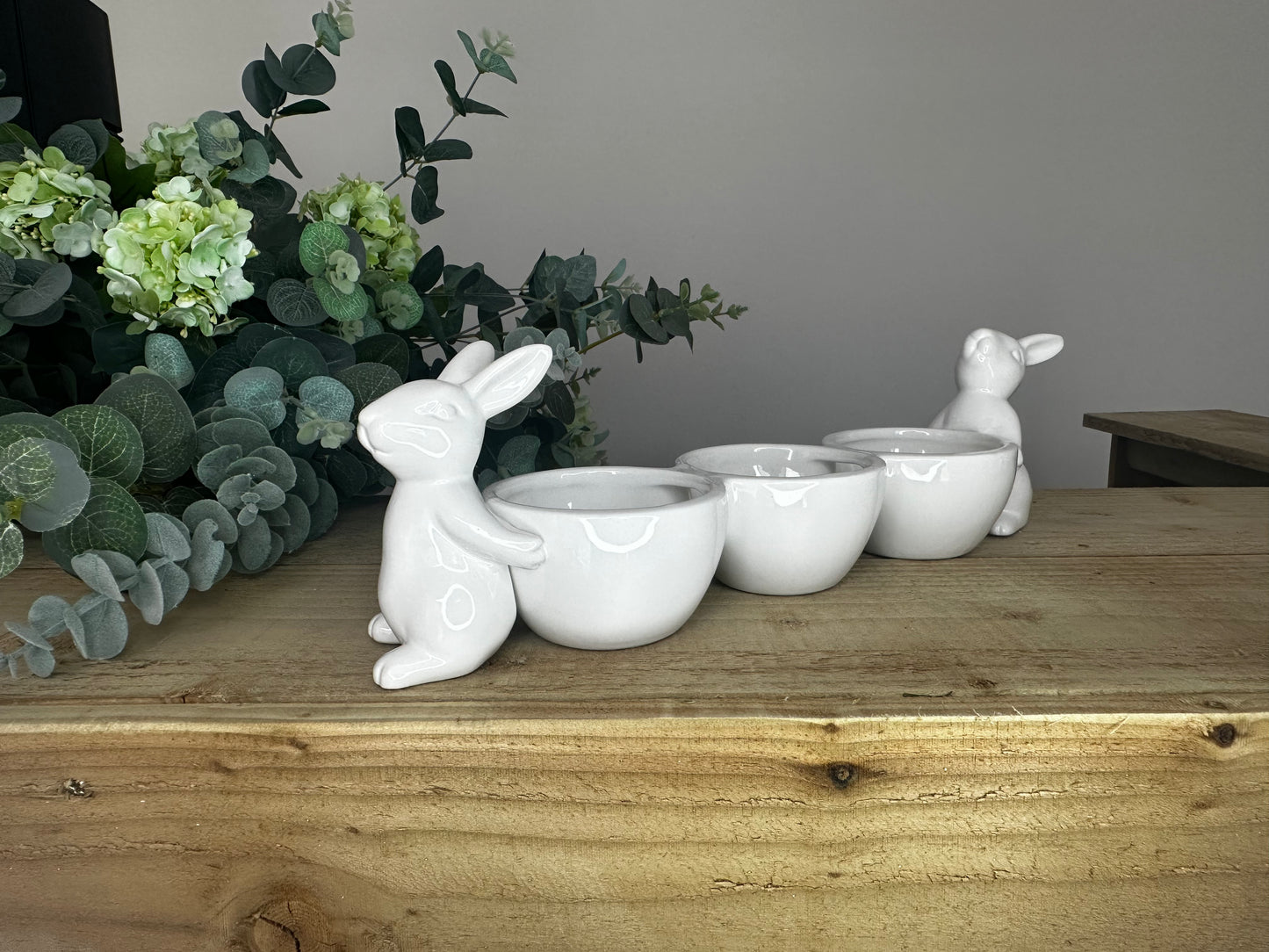 Set of White Ceramic Bunnies Carrying Snack Bowls