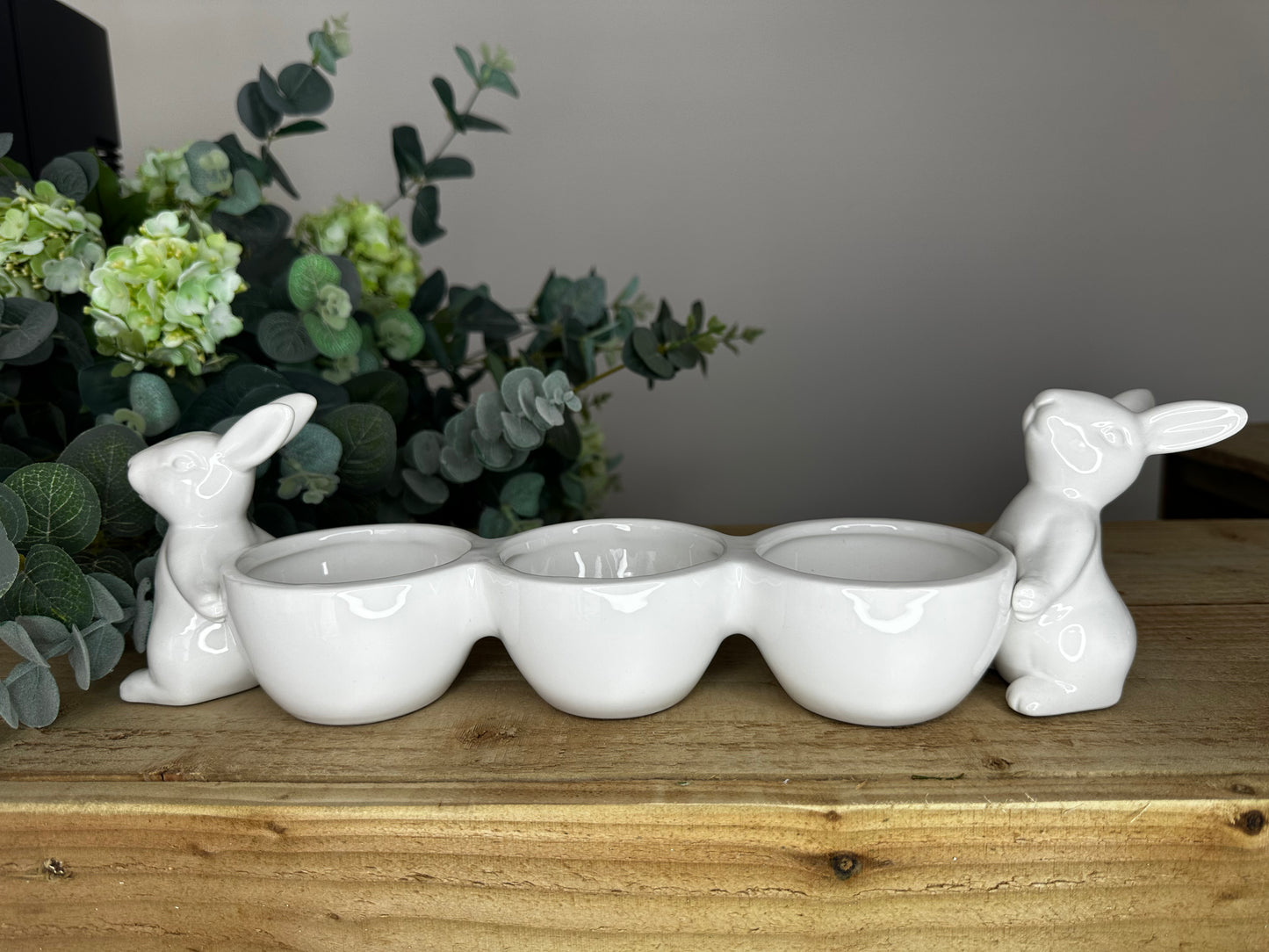 Set of White Ceramic Bunnies Carrying Snack Bowls